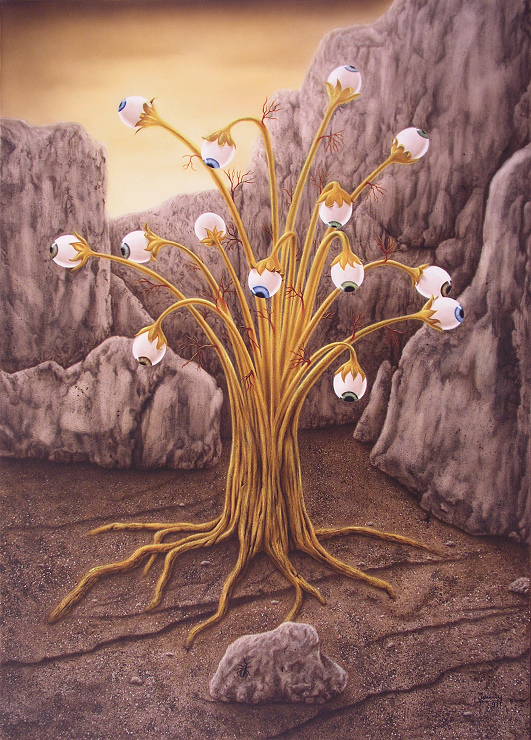 Golden Tree, Baum mit Augen, Airbrush Fantasy Bild Kunst Malerei Gemälde Painting surrealistsich