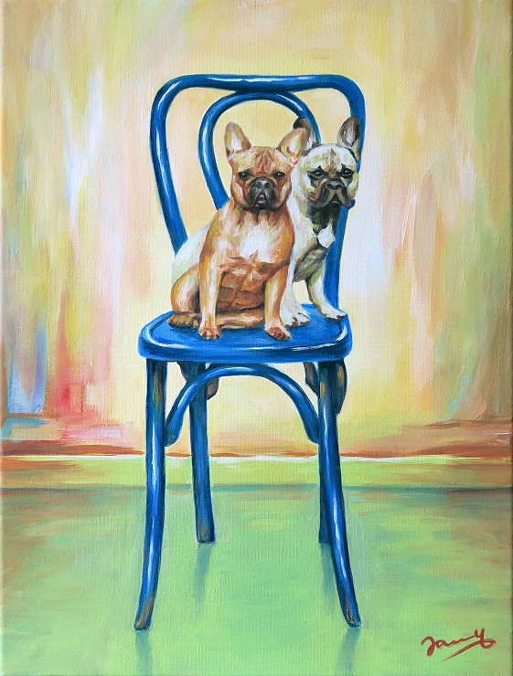 Besetzt - Sitzende Hunde auf dem Stuhl, Gemälde