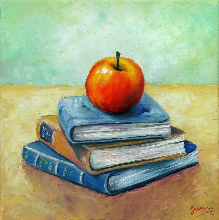 Bücher mit Apfel, Kunst Malerei Ölgemälde