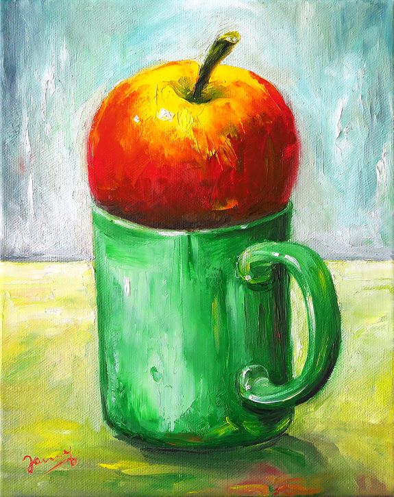 Apfel auf grüner Tasse, Stillleben Kunst Ölbild