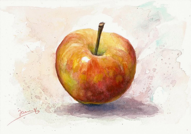 Apfel Bild Aquarell Malerei Watercolor Stillleben Moderne Kunst von Janny Cierpka
